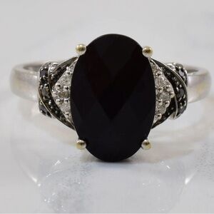 Opal and 14k white gold ring with white/black diamond accents